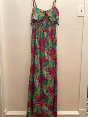 Seductions Tropical Leaf Print Maxi Dress - Bright Multi colored XS